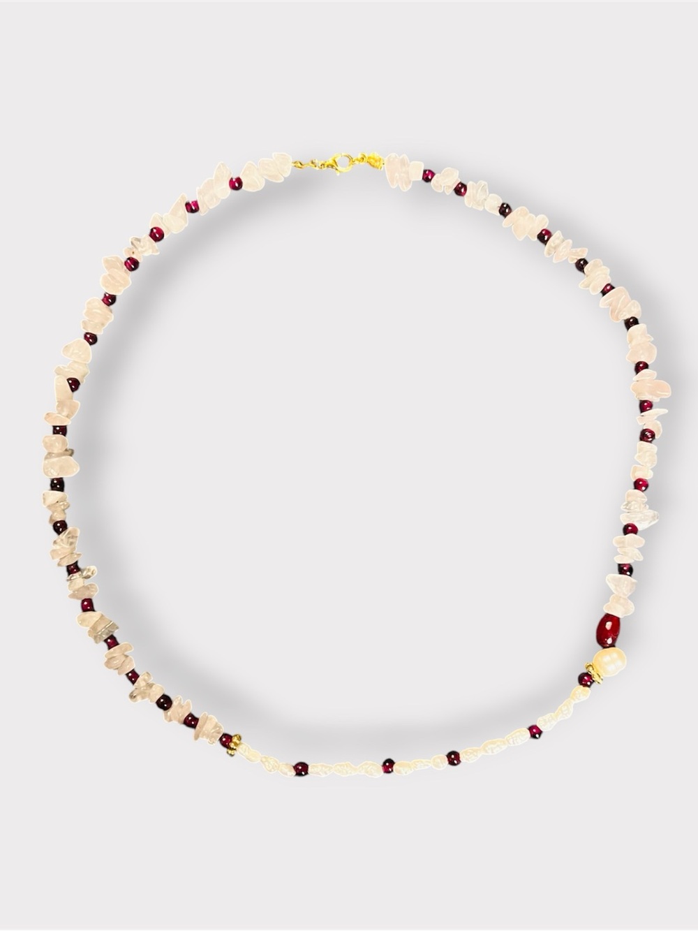 New. Rose Quartz Chips, Garnet, & Freshwater Pearls Artisan Crafted Necklace
